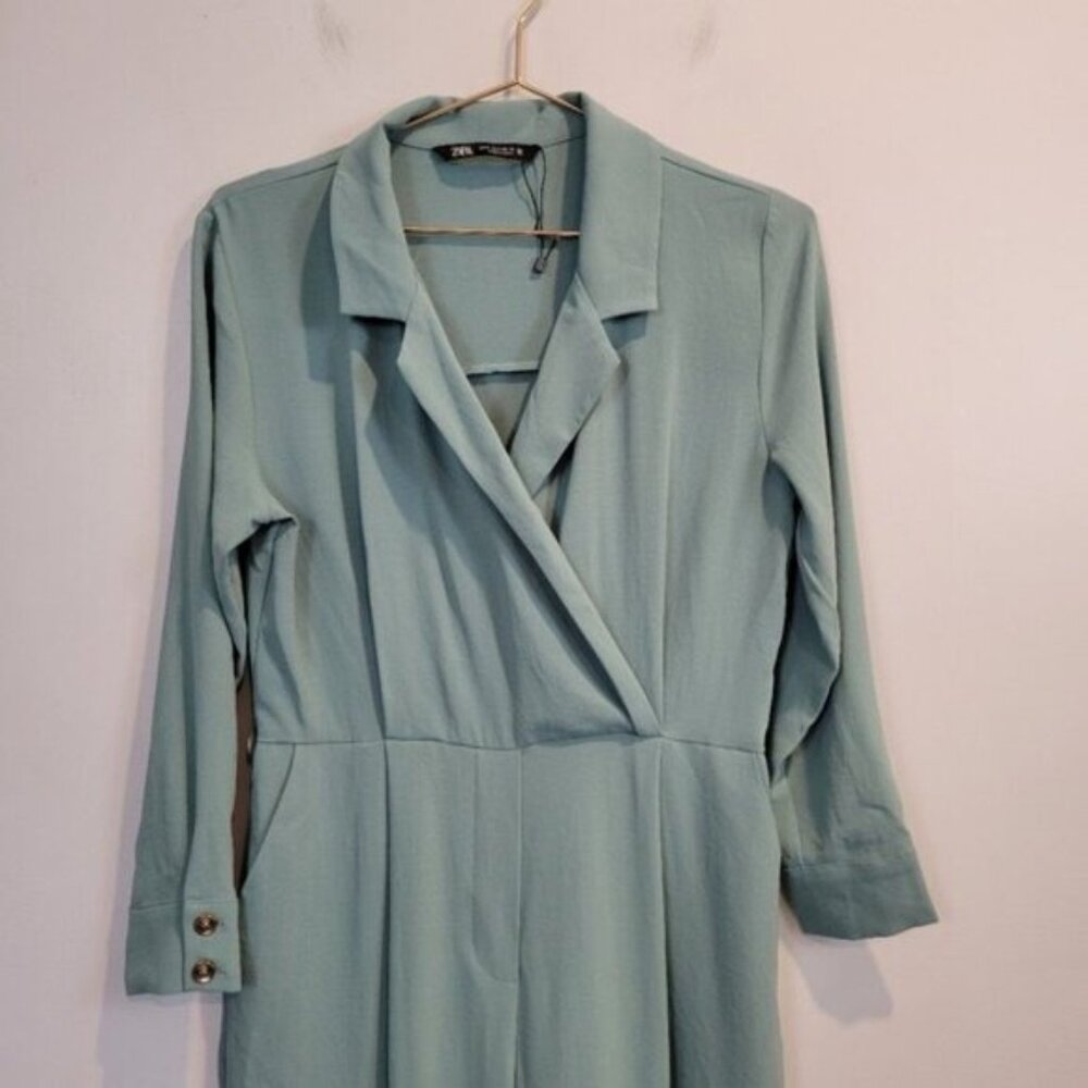 Zara | Long Sleeve Lapel Collar Surplus V Neck Jumpsuit Dusty Green Blue - Picture 5 of 9